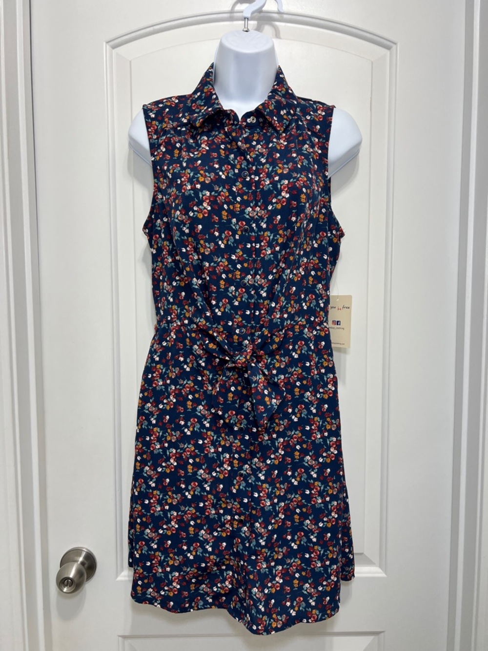 BeBop Navy Floral Collared Tie-Waist Mini Dress